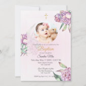 Roze Pioen Bloemen met Foto Baptisme Uitnodiging (Voorkant)