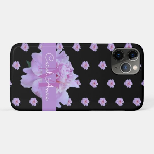 Roze Pioen Bloemen Monogram Paarse Zwart Case-Mate iPhone Case (Achterkant (horizontaal))