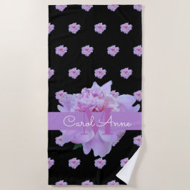 Roze Pioen Bloemen Monogram Paarse Zwart Strandlaken