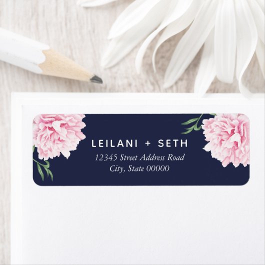 Roze Pioen Bloemen Navy Achtergrond | Bruiloft Etiket (Insitu)
