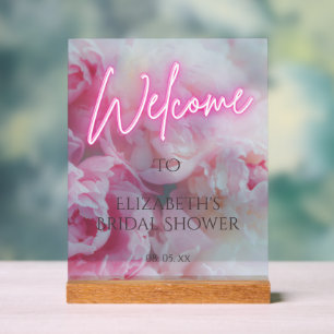 Roze Pioen Bloemen Neon Gloed Welkom Bruidsfeest Acryl Bord