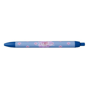 Roze Pioen Bloemen Paarse Monogram Zwarte Inkt Pen
