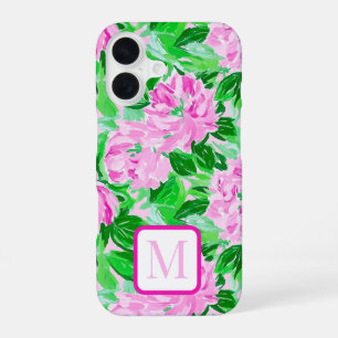 Roze Pioen Bloemen Patroon Initiaal iPhone 16 Hoesje