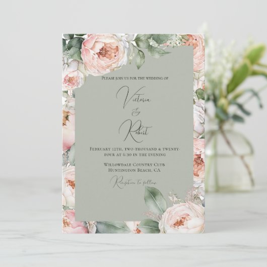 Roze Pioen Bloemen Waterverf Sage Modern Bruiloft Kaart (Staand voorkant)