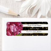 Roze Pioen Bloemen Zwart-wit Streep Etiket (Insitu)