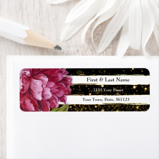 Roze Pioen Bloemen Zwart-wit Streep Etiket (Insitu)