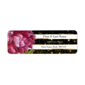 Roze Pioen Bloemen Zwart-wit Streep Etiket (Voorkant)