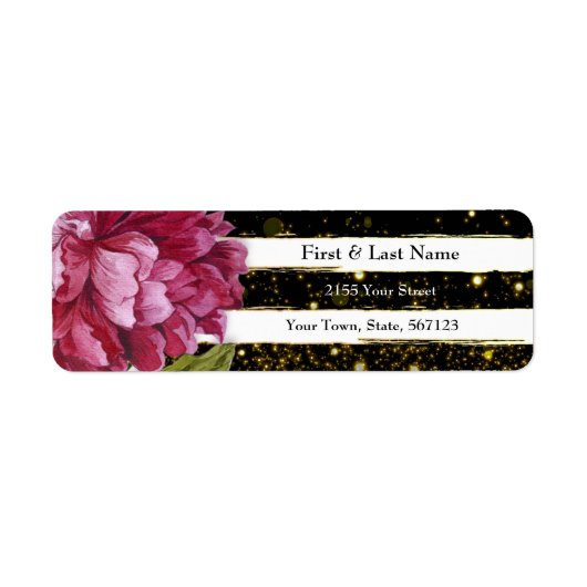 Roze Pioen Bloemen Zwart-wit Streep Etiket (Voorkant)