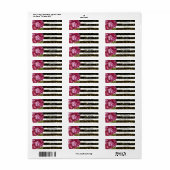 Roze Pioen Bloemen Zwart-wit Streep Etiket (Full Sheet)