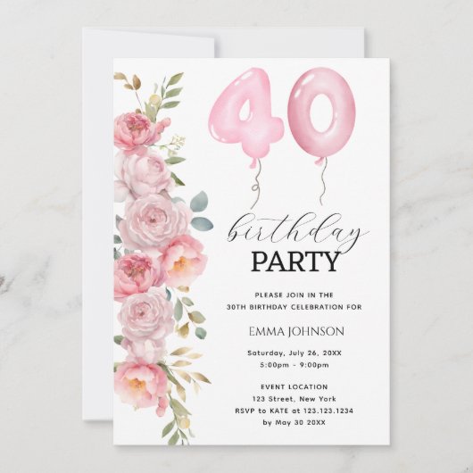 Roze Pioen Bloemenballon 40e Verjaardagsfeestje Kaart (Voorkant)