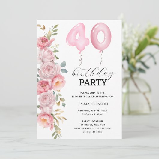 Roze Pioen Bloemenballon 40e Verjaardagsfeestje Kaart (Staand voorkant)