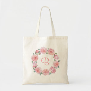 Roze pioen bloemenkrans gepersonaliseerd tote bag