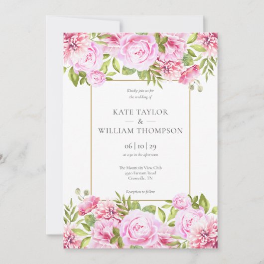 Roze Pioen Bloemige Gouden Geometrische Foto Bruil Kaart (Voorkant)