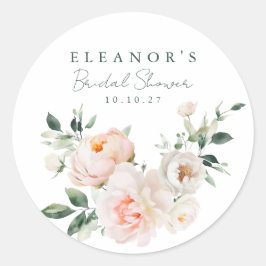 Roze Pioen Bloemige Waterverf Roze Bruidsdouche Ronde Sticker