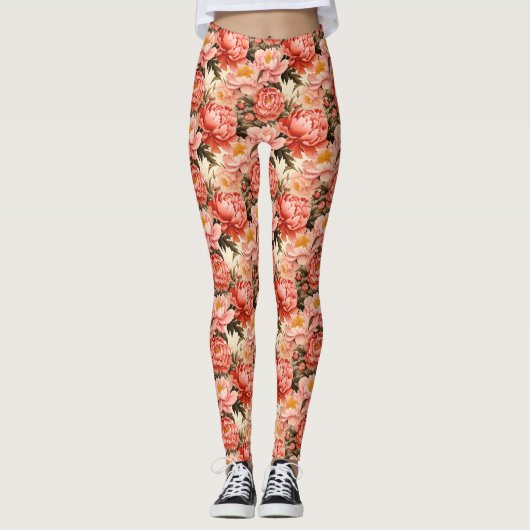  roze pioen  bloemmotief leggings (Voorkant)