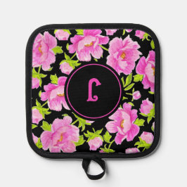 Roze Pioen Bloemrijke Monogram Ovenwant & Pannenlap Set