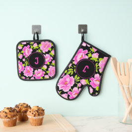 Roze Pioen Bloemrijke Monogram Ovenwant & Pannenlap Set