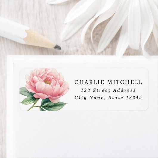 Roze pioen bloemschildering retouradres etiket (Insitu)