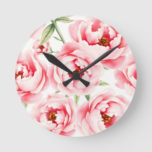 Roze Pioen Bloesem Waterverf Patroon Ronde Klok (Voorkant)