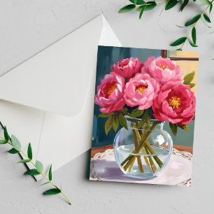 Roze Pioen Boeket Aquarel Bloem Schilderij Kaart