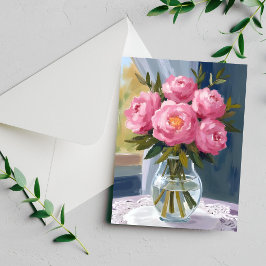 Roze Pioen Boeket Waterverf Bloem Schildering Kaar
