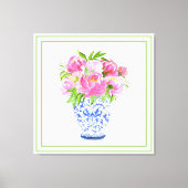 Roze Pioen Chine de Vaas Groene Rand Canvas Afdruk (Voorkant)
