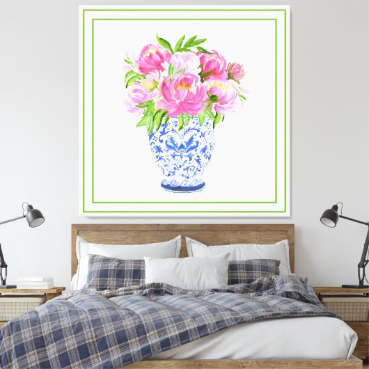 Roze Pioen Chine de Vaas Groene Rand Canvas Afdruk (Insitu (Slaapkamer))