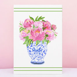 Roze Pioen Chine de Vas Groen Rand Bedankkaart