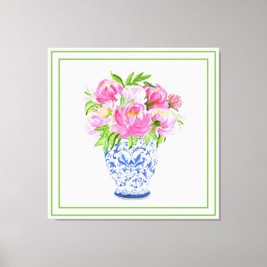 Roze Pioen Chine de Vas Groen Rand Canvas Afdruk (Voorkant)