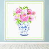 Roze Pioen Chine de Vas Groen Rand Canvas Afdruk (Insitu (Houten vloer))