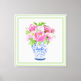 Roze Pioen Chine de Vas Groen Rand Canvas Afdruk
