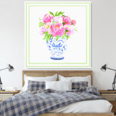 Roze Pioen Chinees Vaas Groene Rand Canvas Afdruk (Insitu (Slaapkamer))