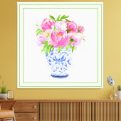 Roze Pioen Chinees Vaas Groene Rand Canvas Afdruk (Insitu (Woonkamer))