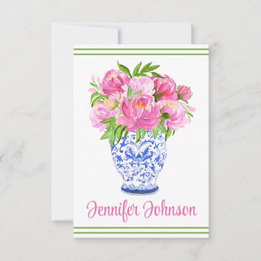 Roze Pioen Chinees Vaas Rand Persoonlijk  Bedankkaart (Voorkant)