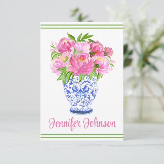 Roze Pioen Chinees Vaas Rand Persoonlijk Bedankkaart (Staand voorkant)