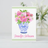 Roze Pioen Chinoiserie Vaas Rand Persoonlijk  Bedankkaart (Staand voorkant)