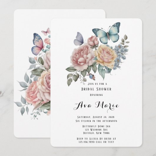 Roze Pioen Dusty Blue Vlinder Vrijgezellenfeest Kaart (Voorkant / Achterkant)