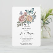 Roze Pioen Dusty Blue Vlinder Vrijgezellenfeest Kaart (Staand voorkant)