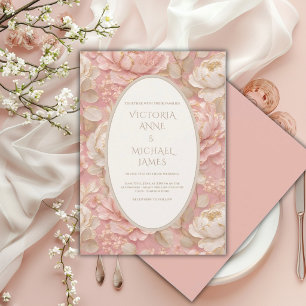 Roze Pioen Elegante Trouwuitnodiging Vintage Kaart