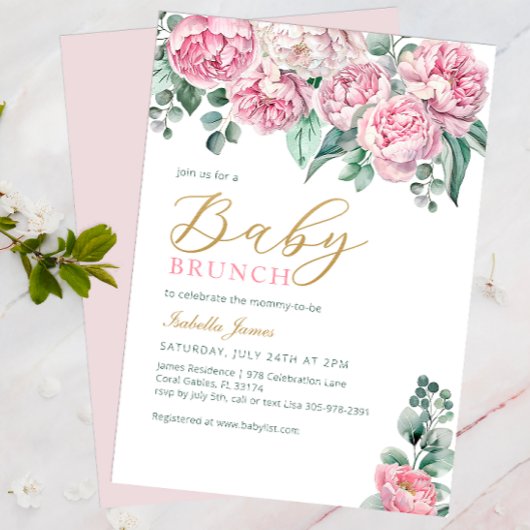 Roze pioen en eucalyptus gouden Baby shower uitnod Kaart