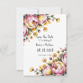 Roze pioen en gele bloemen bruiloft save the date