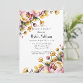 Roze pioen en gele bloemen brunch & bubbels kaart (Staand voorkant)