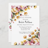 Roze pioen en gele bloemen brunch & bubbels kaart (Voorkant / Achterkant)