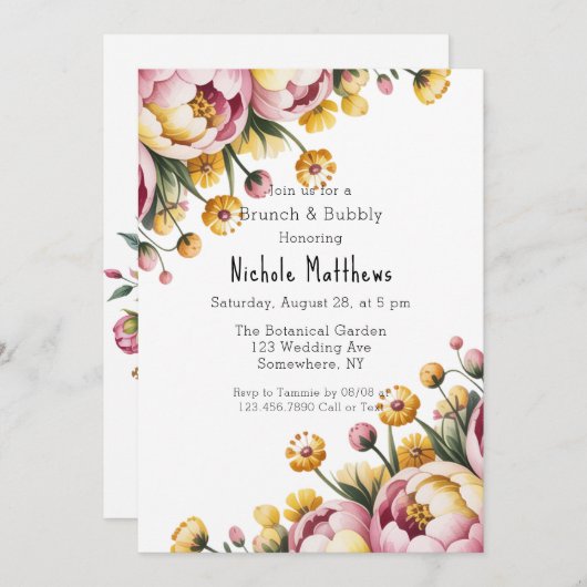 Roze pioen en gele bloemen brunch & bubbels kaart (Voorkant / Achterkant)