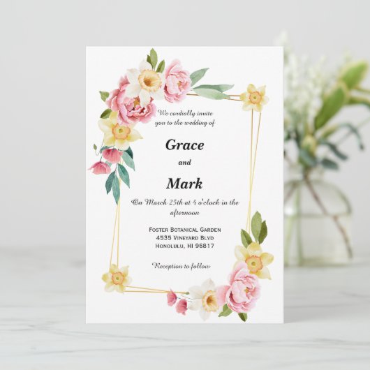 Roze pioen en gele narcis trouwkaart kaart (Staand voorkant)