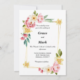 Roze pioen en gele narcis trouwkaart kaart
