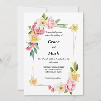 Roze pioen en gele narcis trouwkaart kaart
