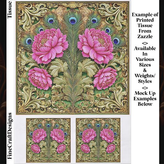 Roze  pioen en gouden scrollwork EH8 decoupage Tissuepapier