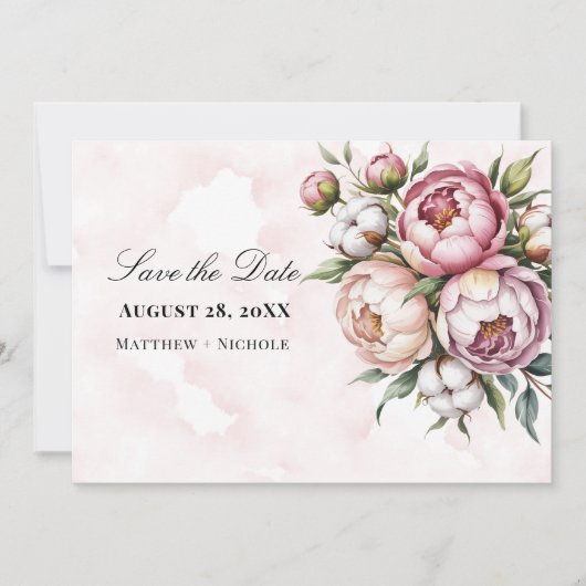 Roze Pioen- en Katoenen Bruiloft Save The Date (Voorkant)