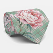 Roze Pioen en Plaid Floral Groomsmen Stropdas (Opgerold)
